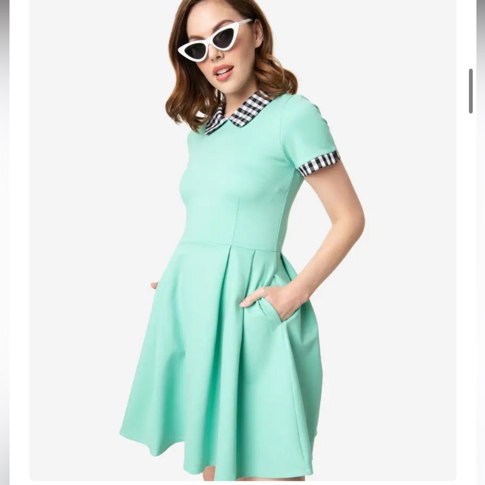 Mint Green Fit-and-Flare Dress with Gingham Collar